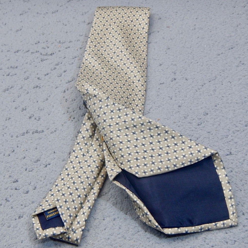 Polo Ralph Lauren Tie Beige Geometric Foulard Silk Necktie Classic Hand Finished